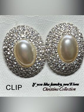 Pearl and Crystal Halo Large Earrings - White and Silver